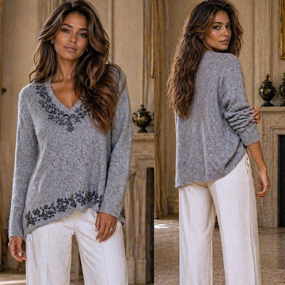 Vtg Silk Angora 3X Milano Sweater Gray Beaded Floral V Neck Soft Quiet Luxury
